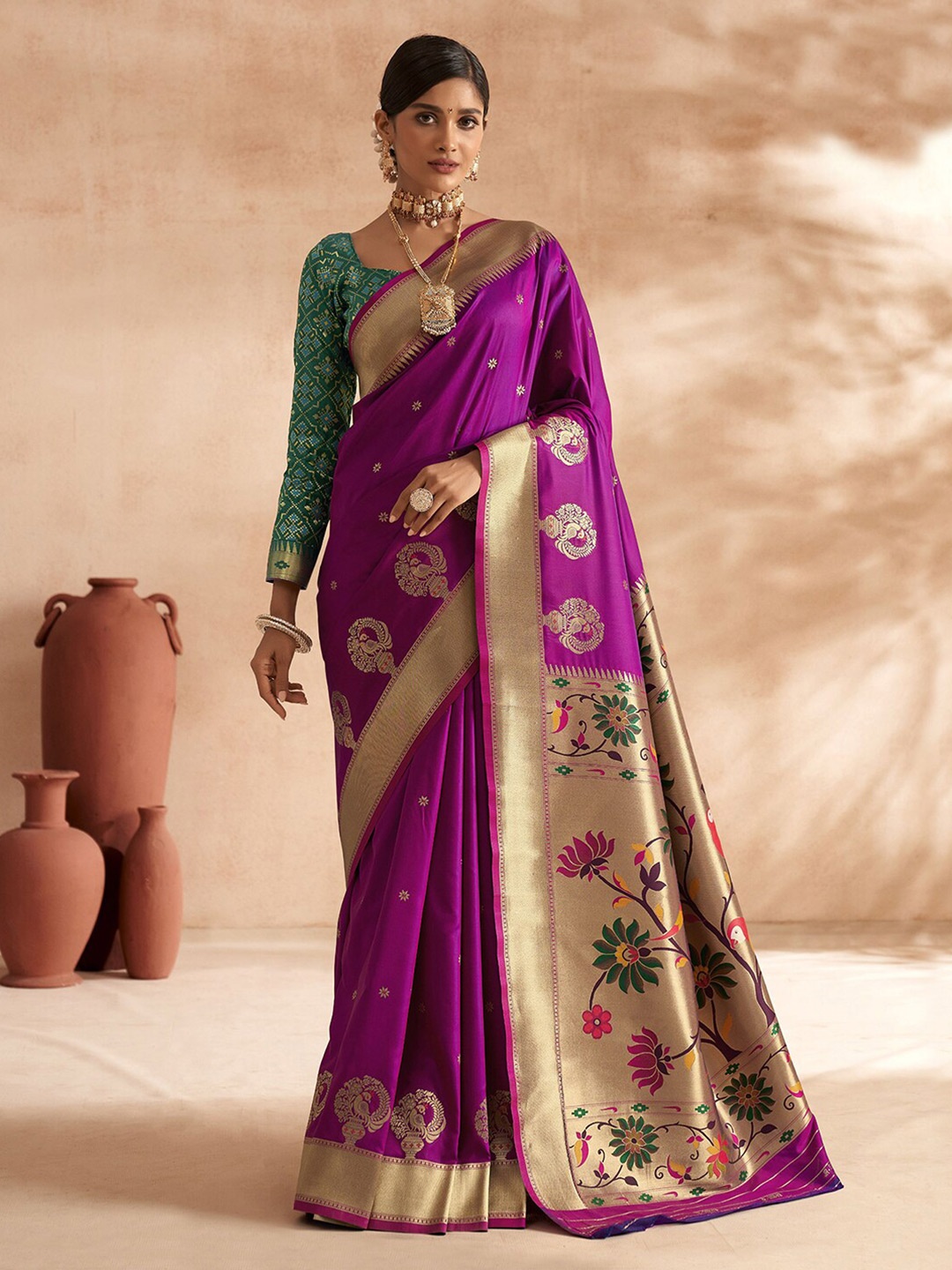 

Mitera Ethnic Motifs Woven Design Zari Paithani Saree, Purple