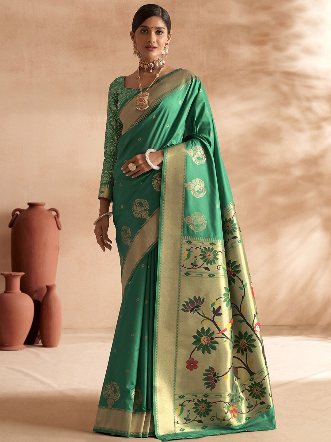 

Mitera Ethnic Motifs Woven Design Zari Paithani Saree, Green