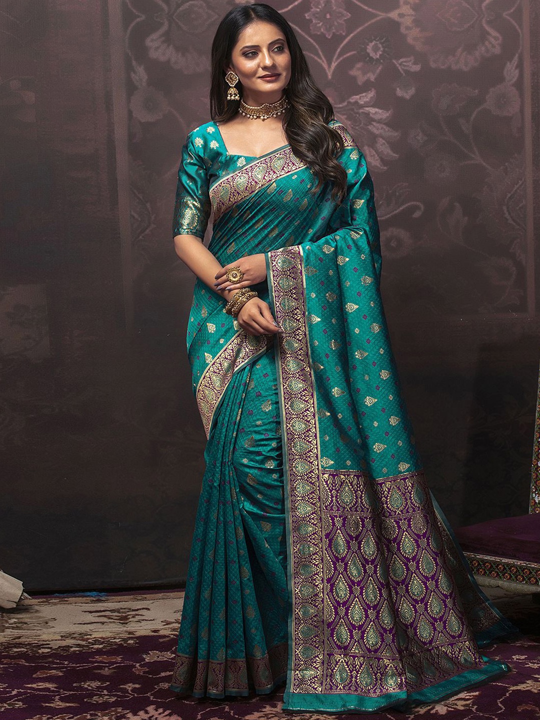 

Mitera Ethnic Motifs Woven Design Zari Art Silk Banarasi Saree, Teal