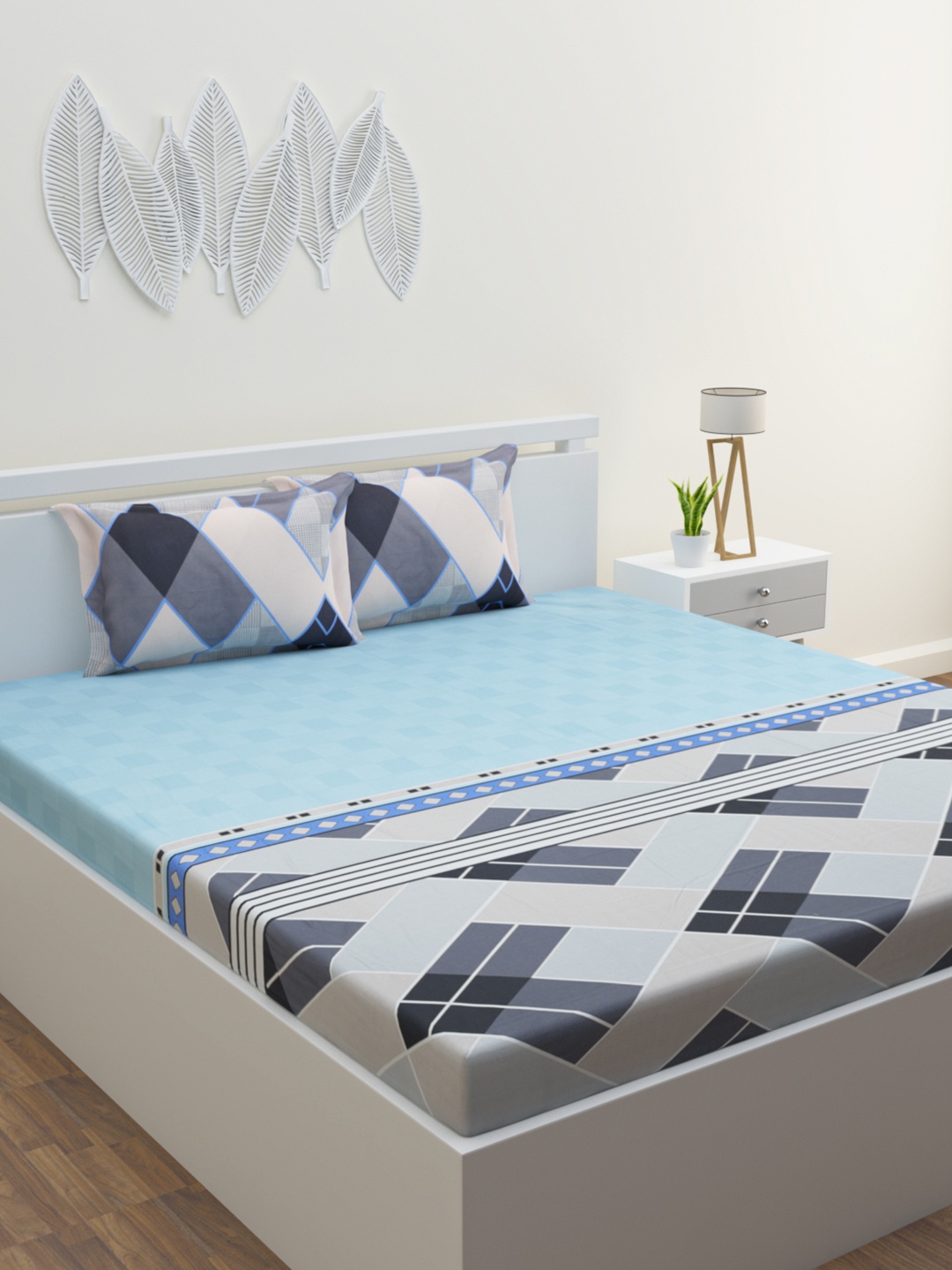 

HOME AFFAIRS Grey & Blue Geometric Cotton 210 TC King Bedsheet With 2 Pillow Covers