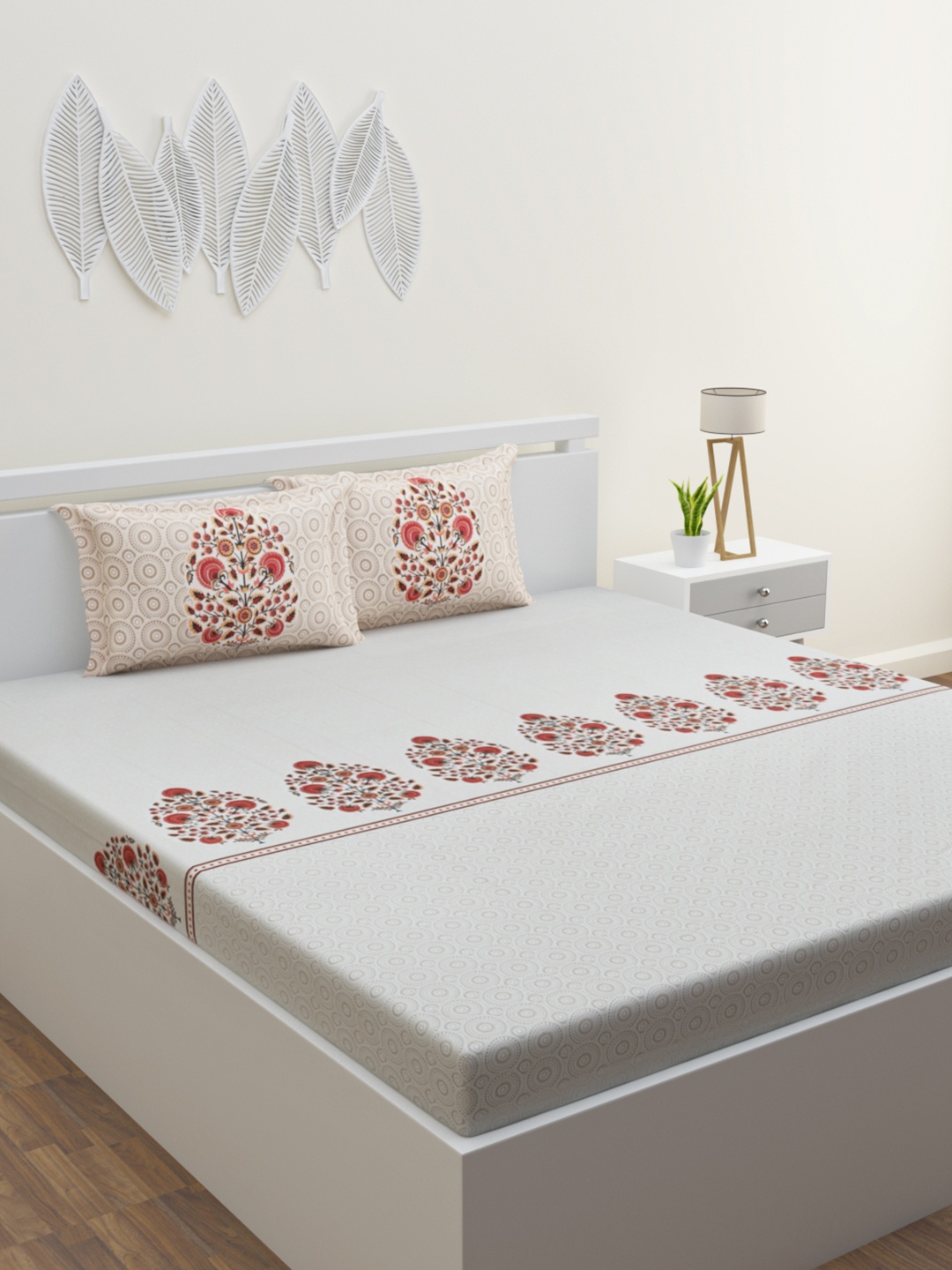 

HOME AFFAIRS Grey & Green Floral Cotton 210 TC King Bedsheet With 2 Pillow Covers