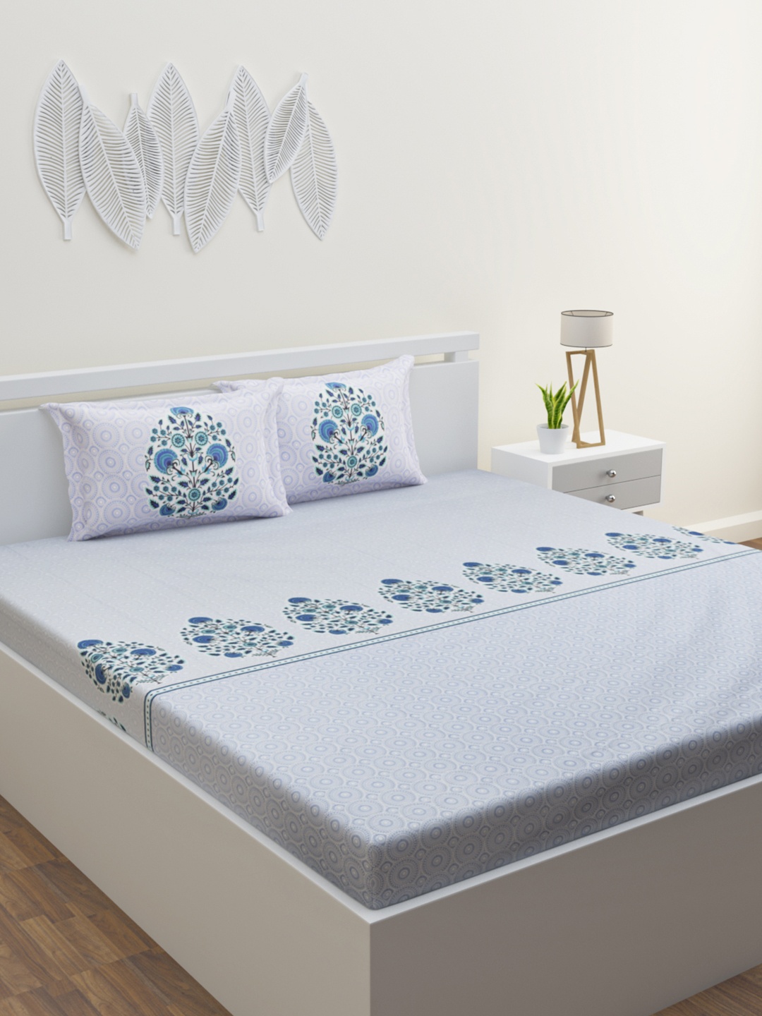 

HOME AFFAIRS Blue & Grey Printed Cotton 210 TC King Bedsheet with 2 Pillow Covers