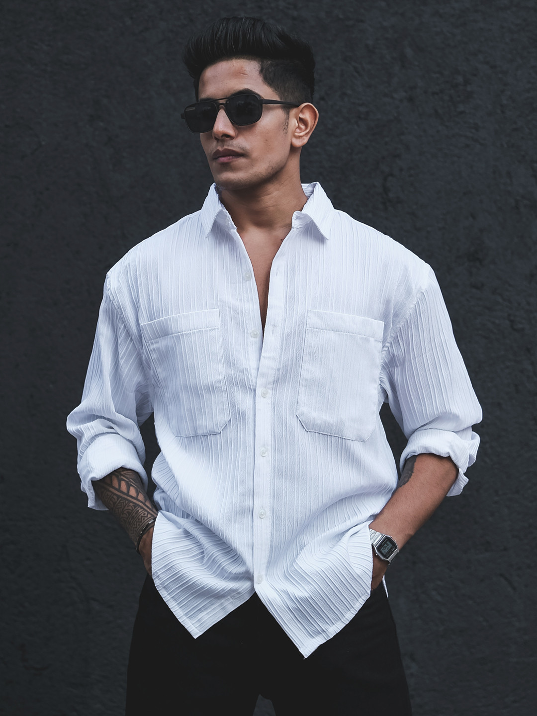 

Powerlook Men White Opaque Striped Casual Shirt