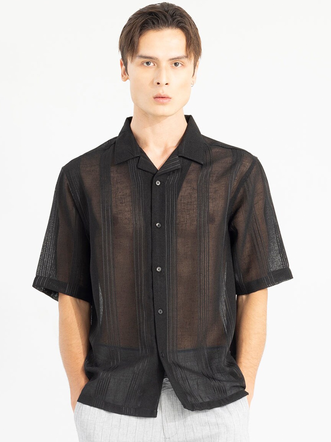 

Snitch Classic Oversized Vertical Striped Semi Sheer Pure Cotton Casual Shirt, Black