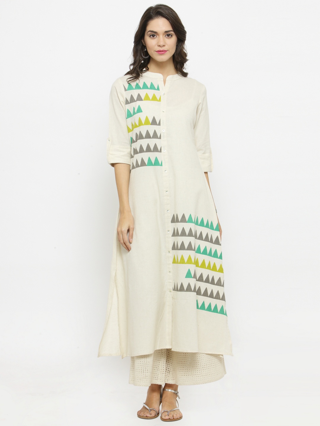 

Varanga Ivory printed A line Kurta with Off white schiffli palazzo VAR118503_PZ118175