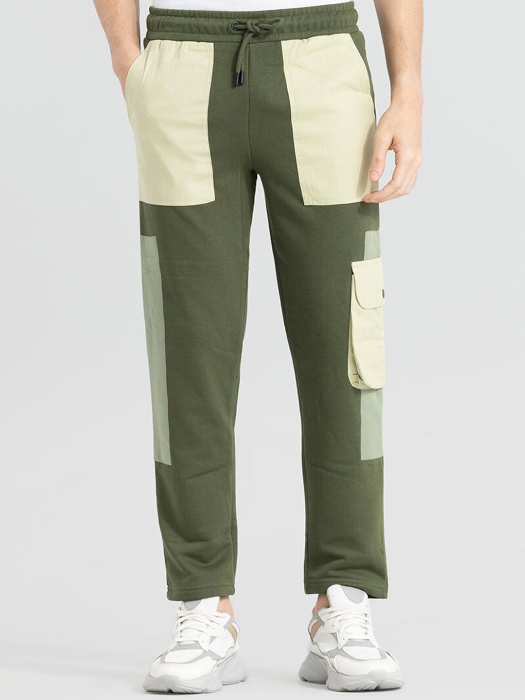 

Snitch Men Olive Green Colourblocked Relaxed-Fit Track Pants