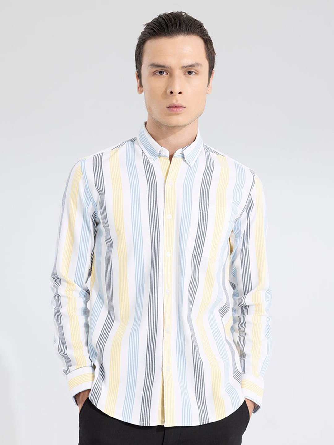 

Snitch Classic Slim Fit Button-Down Collar Striped Printed Cotton Casual Shirt, White