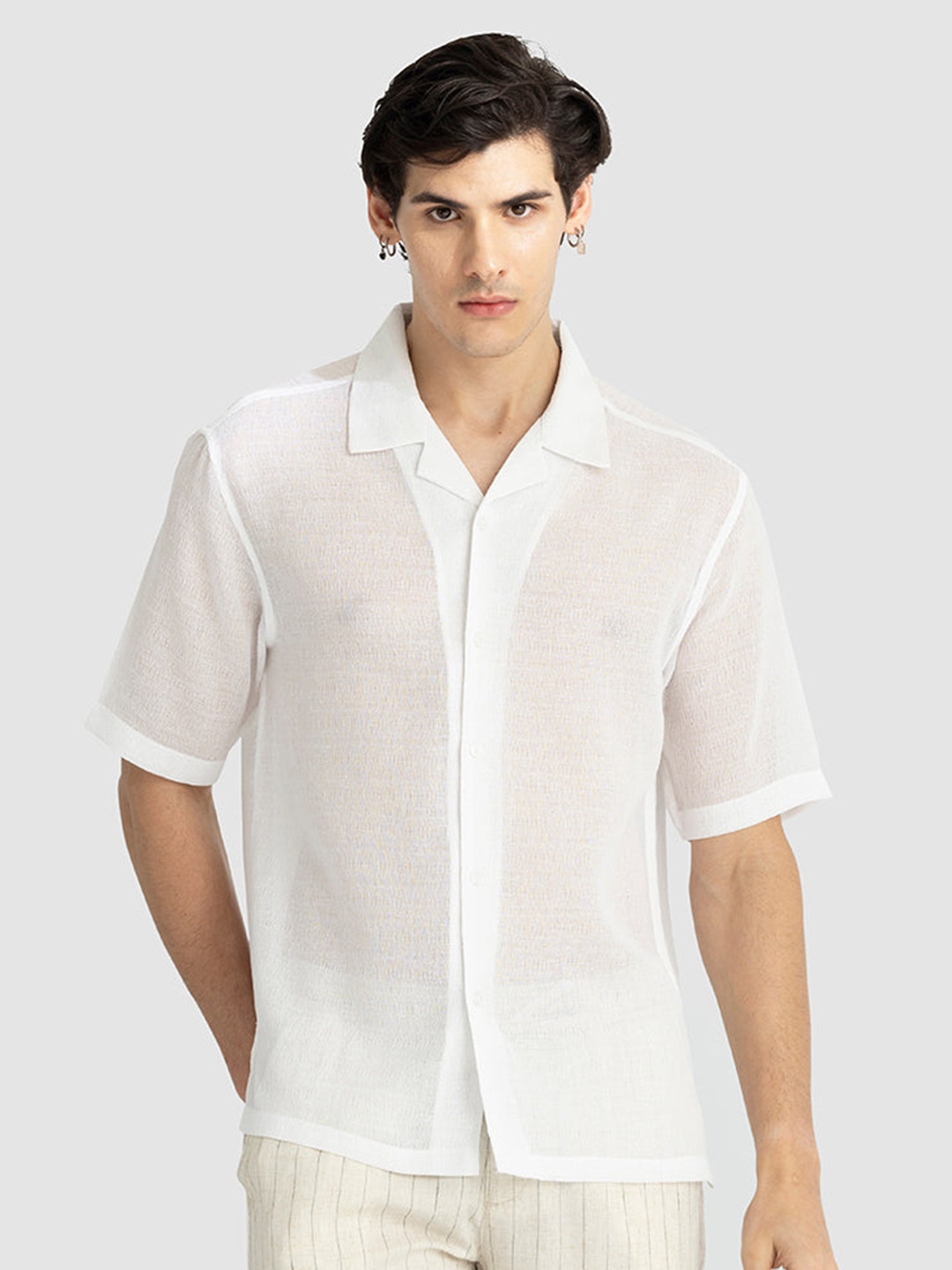 

Snitch Cuban Collar Classic Oversized Pure Cotton Casual Shirt, White