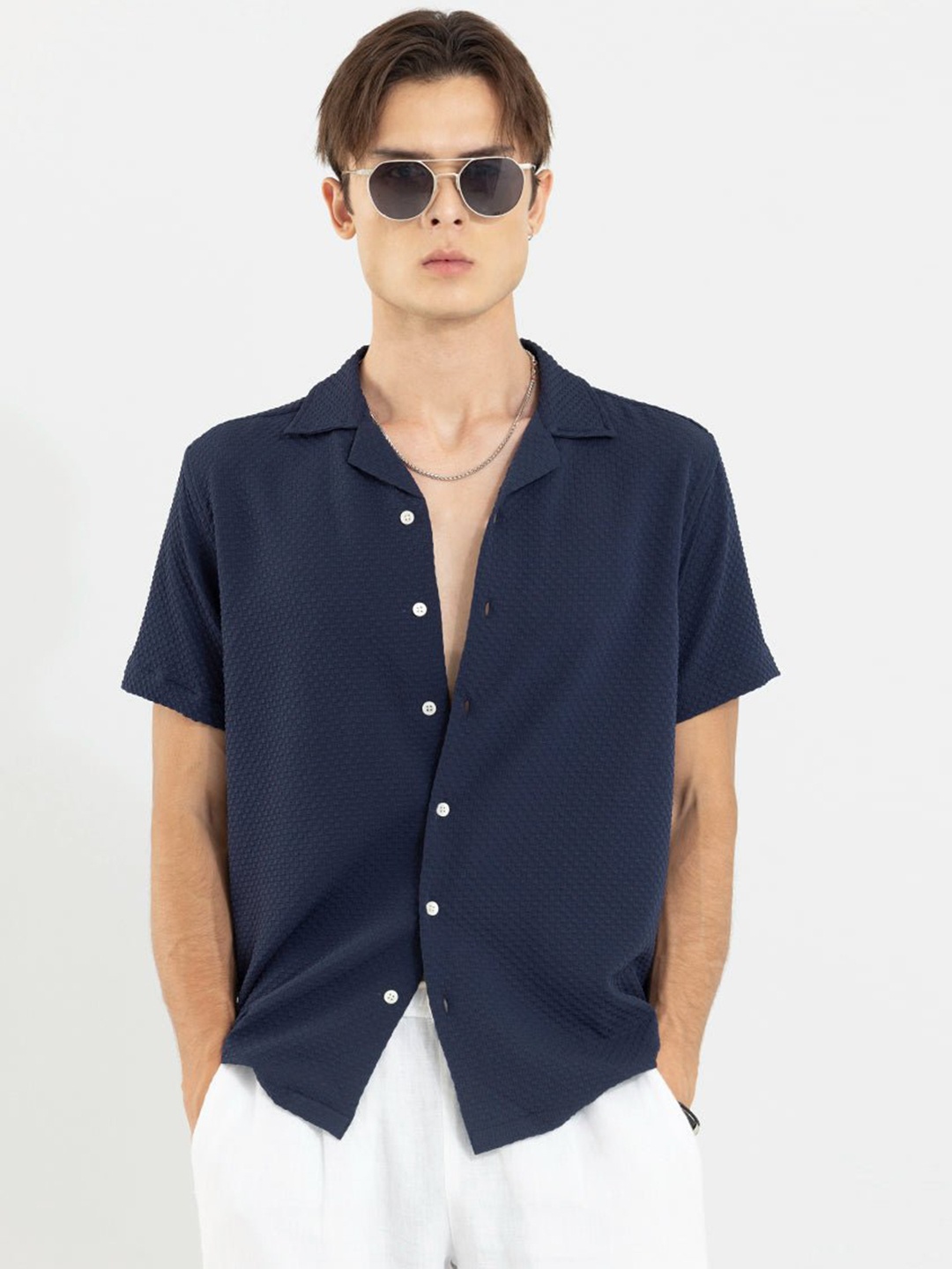 

Snitch Navy Blue Classic Boxy Self Design Casual Shirt