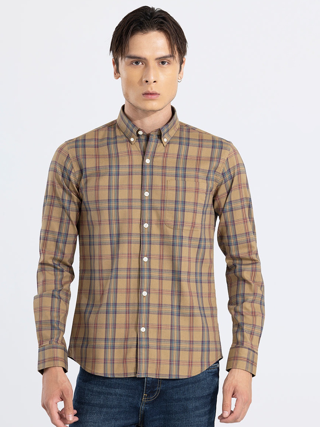 

Snitch Beige Classic Slim Fit Tartan Checked Button-Down Collar Pure Cotton Casual Shirt