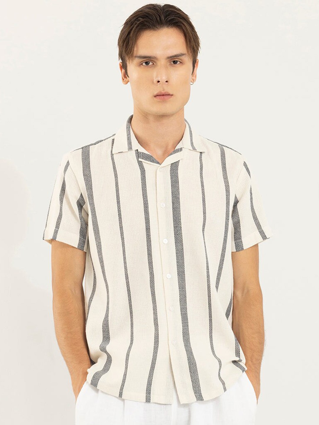 

Snitch Classic Striped Pure Cotton Casual Shirt, Cream