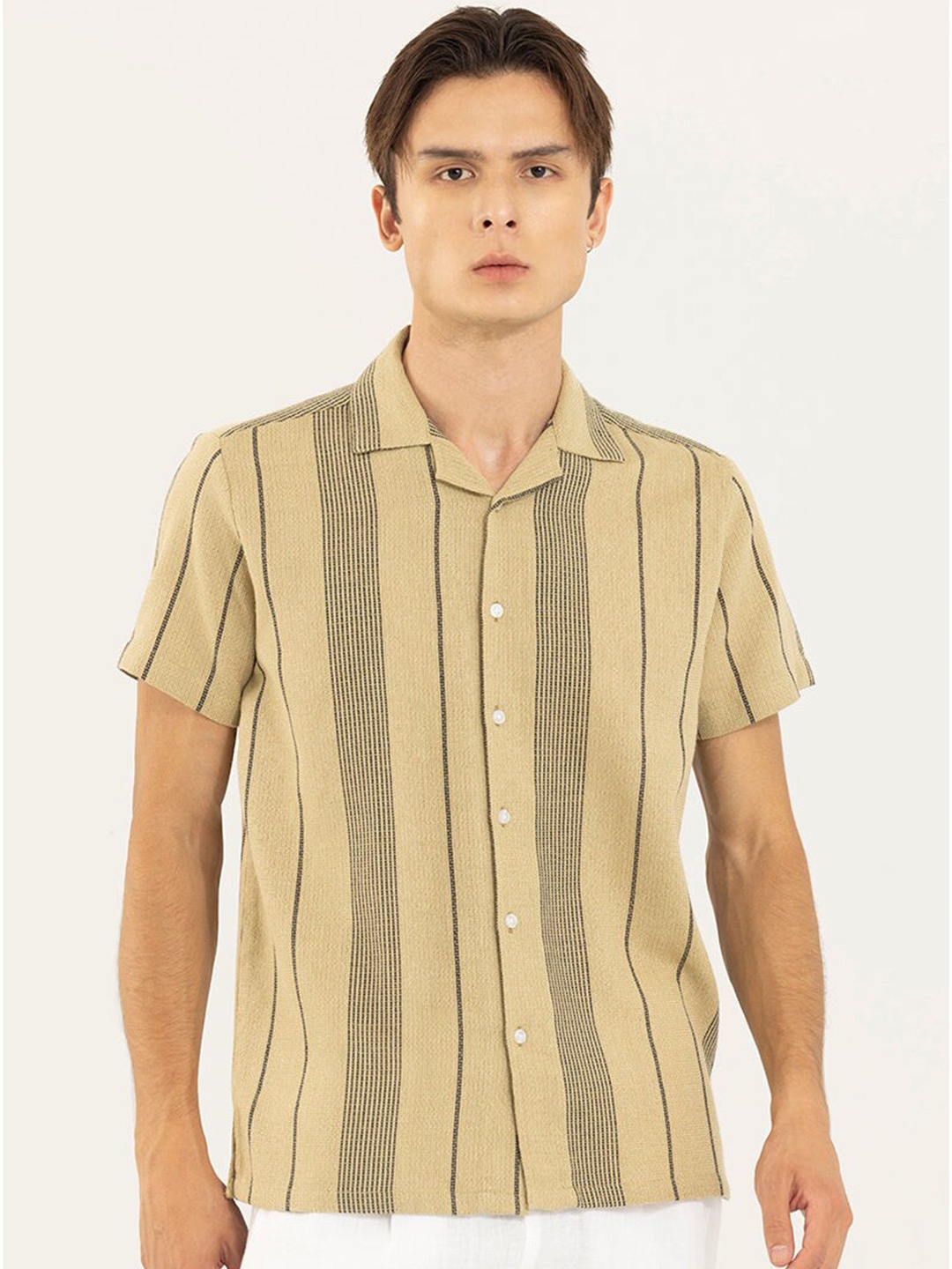 

Snitch Classic Striped Pure Cotton Casual Shirt, Beige
