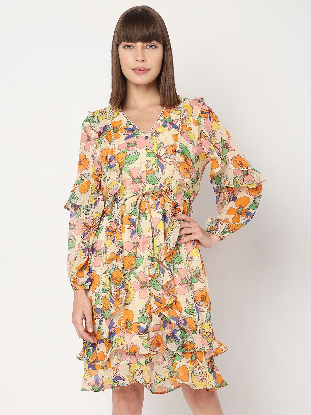 

Vero Moda Floral Printed Ruffled V-Neck Cuffed Sleeves A-line Dress, Yellow
