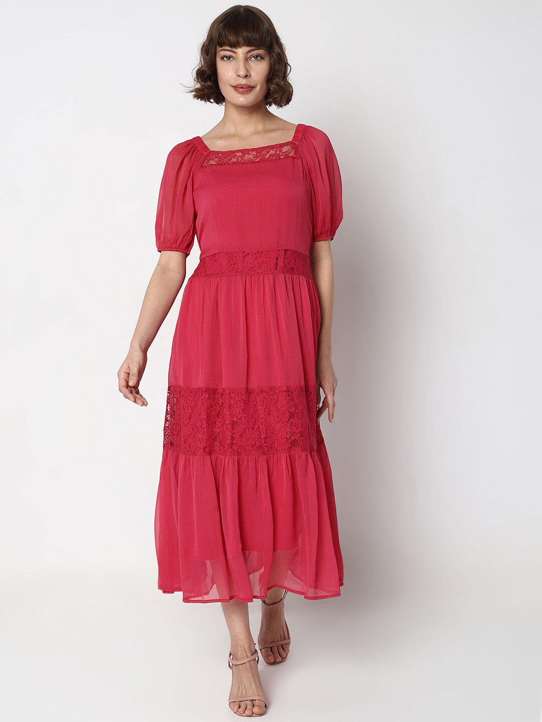 

Vero Moda Square Neck Puff Sleeves Fit & Flare Midi Dress, Pink