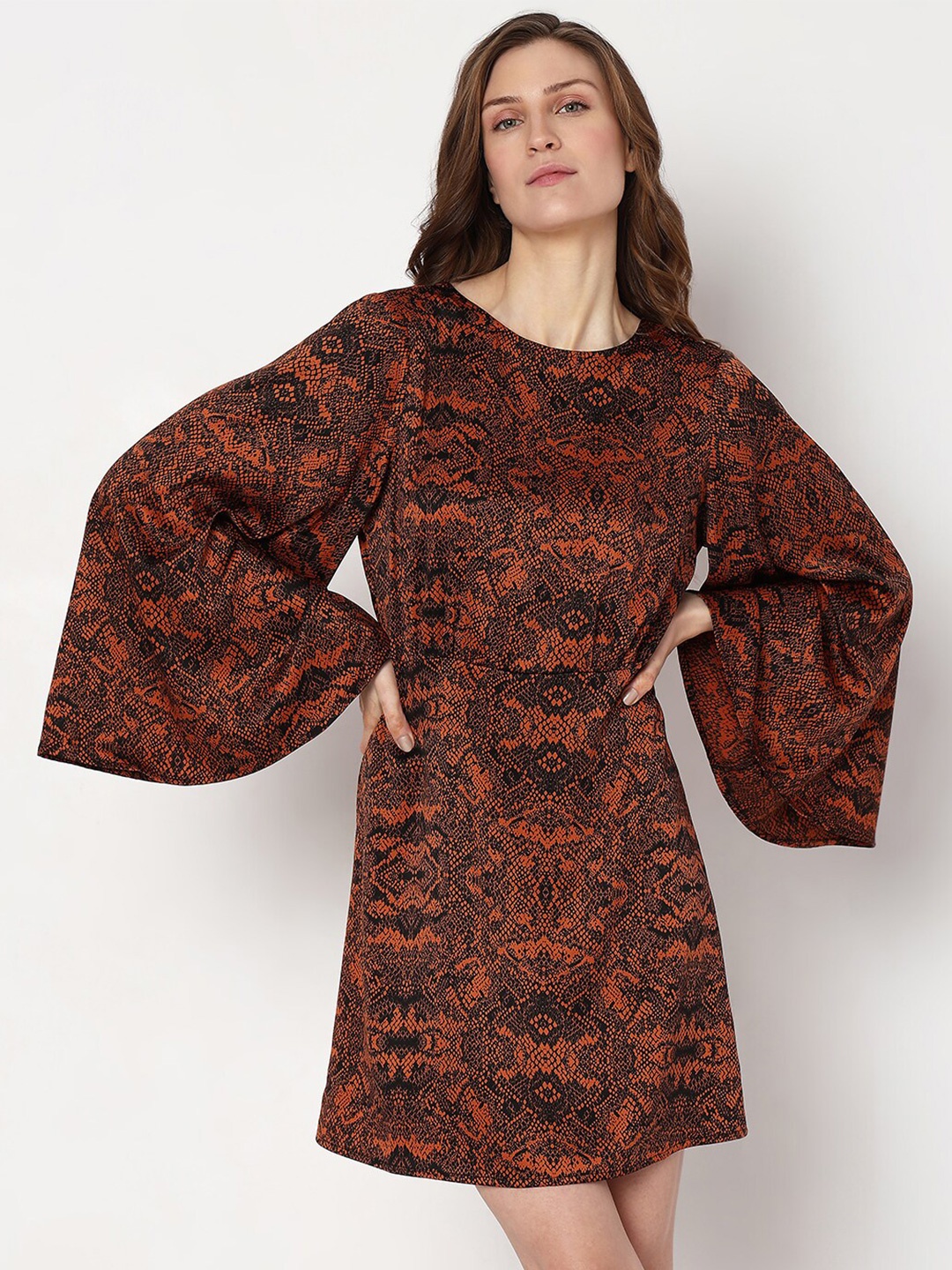 

Vero Moda Printed Flared Sleeve A-Line Dress, Brown