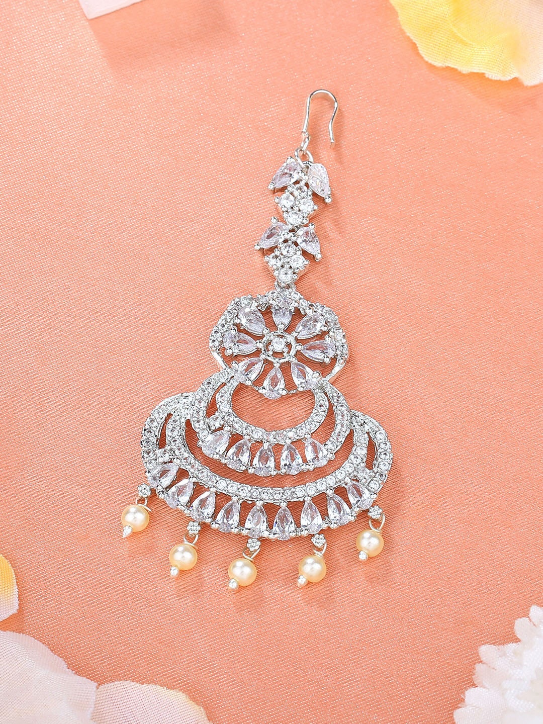 

Estele Rhodium-Plated CZ-Studded & Beaded Maang Tika, Silver