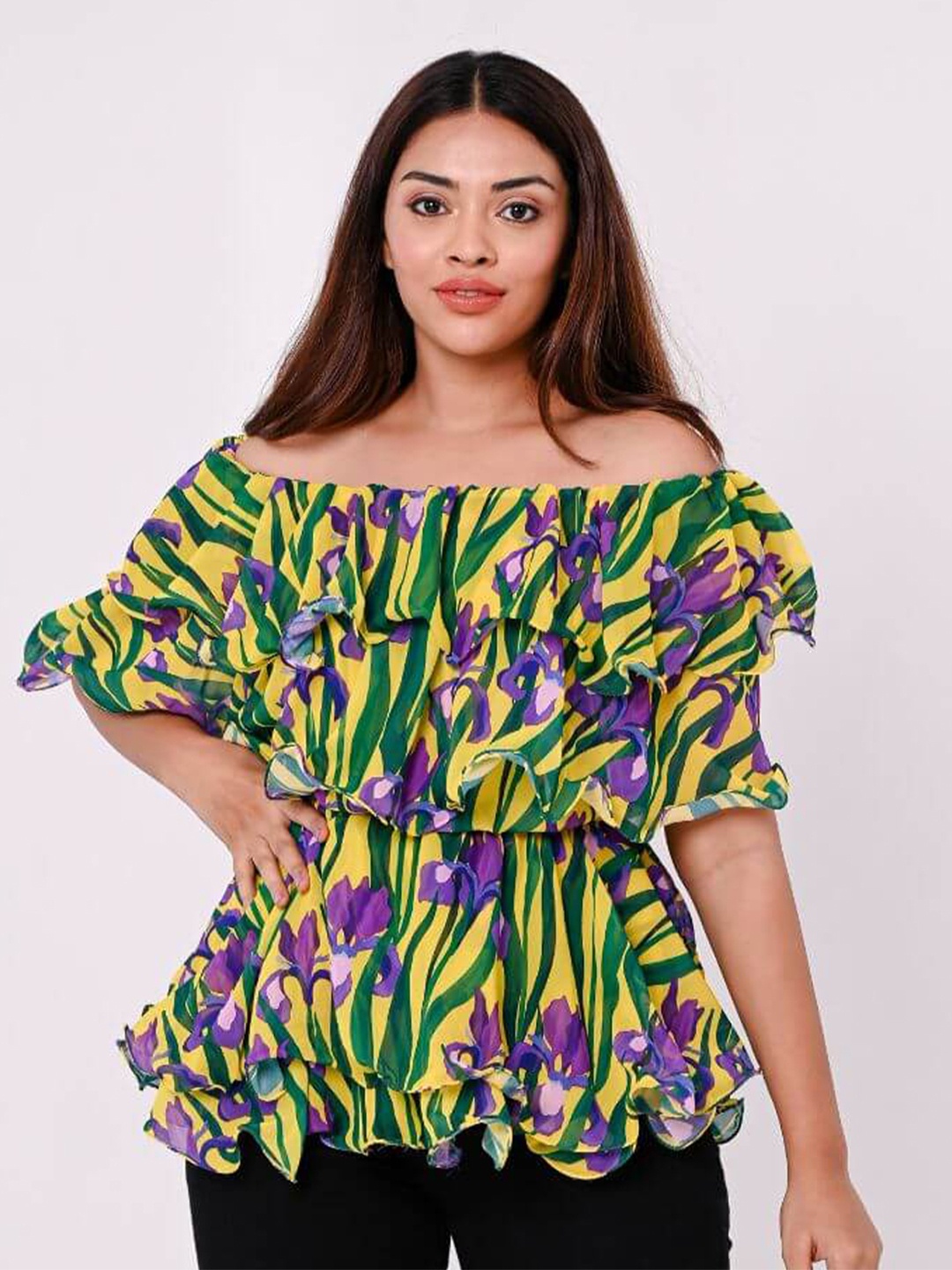 

FancyPants Floral Printed Off-Shoulder Flutter Sleeve Bardot Top, Yellow