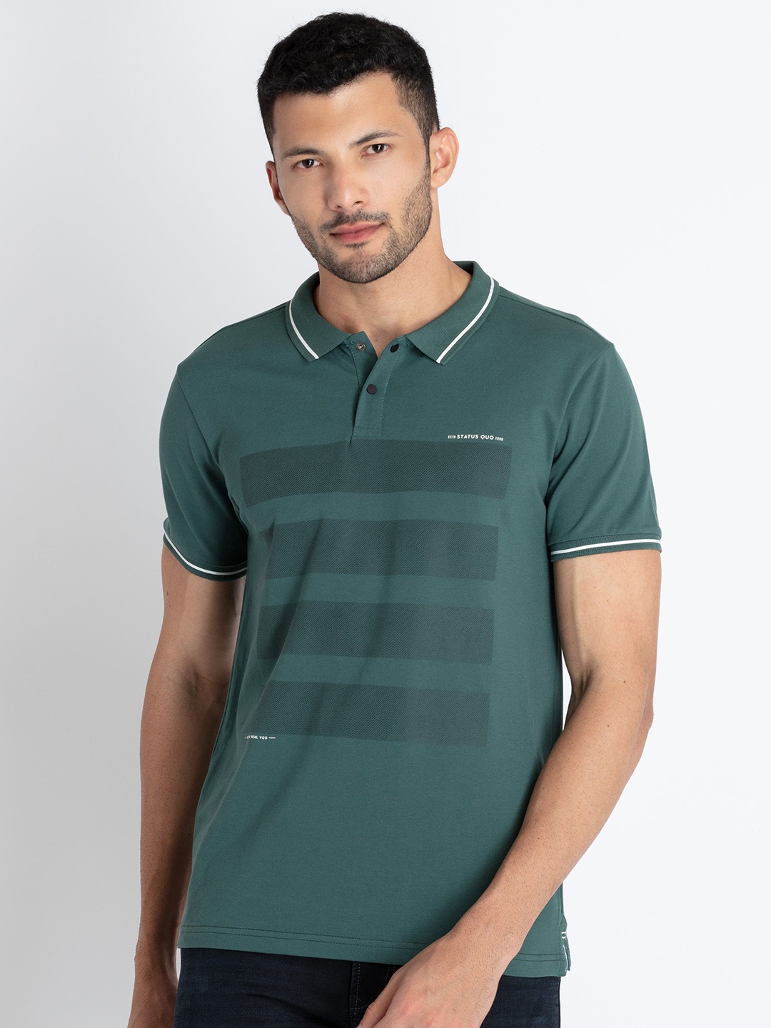 

Status Quo Striped Cotton Polo Collar T-shirt, Green