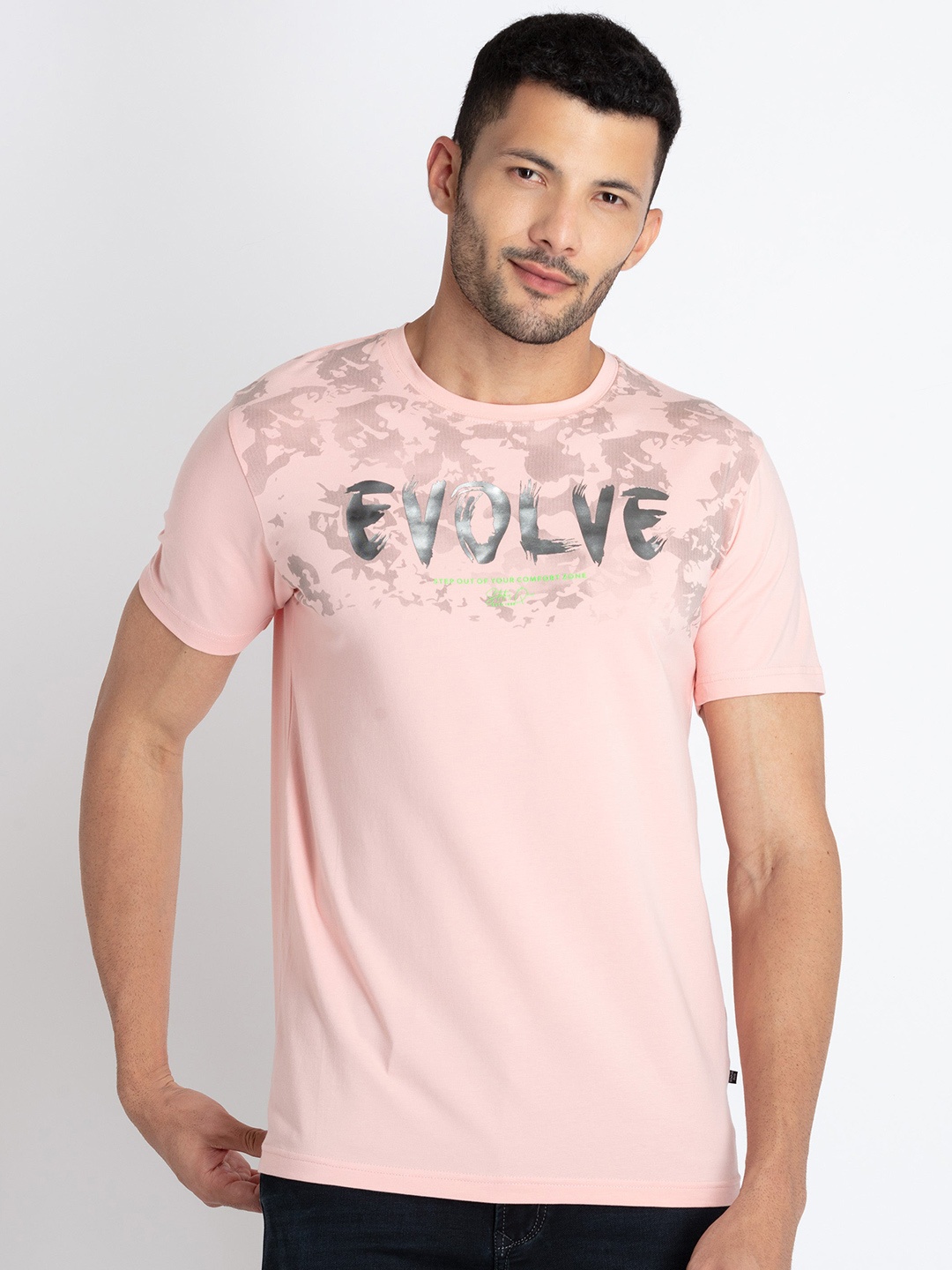 Status Quo Typography Printed Round Neck T-shirt, Peach