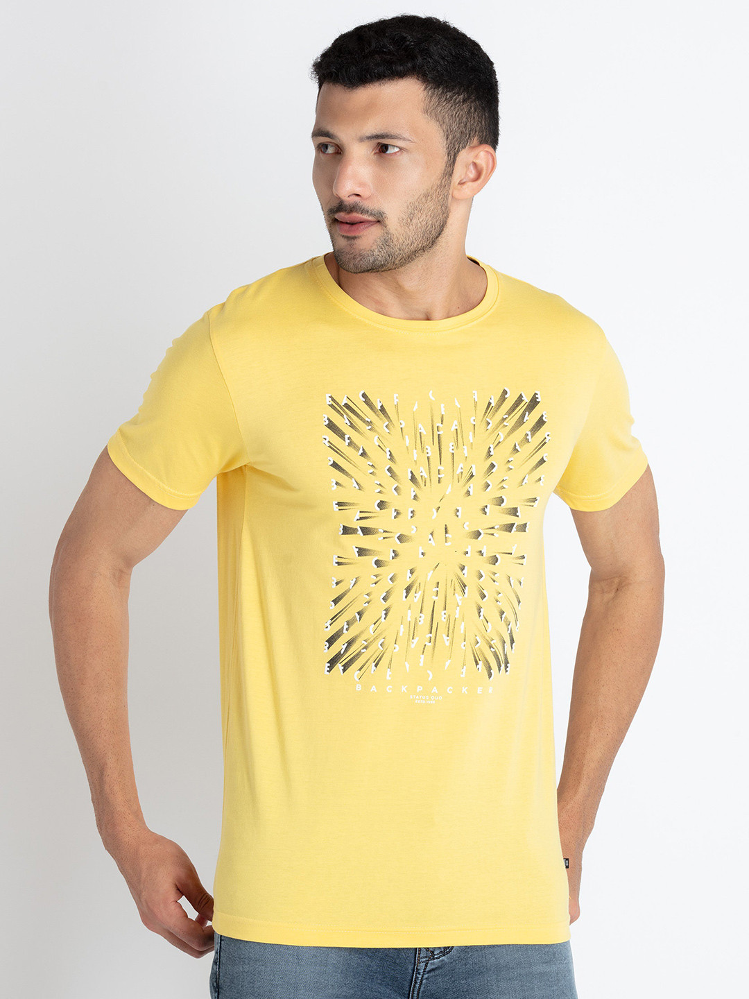 

Status Quo Typography Printed Pure Cotton T-shirt, Yellow