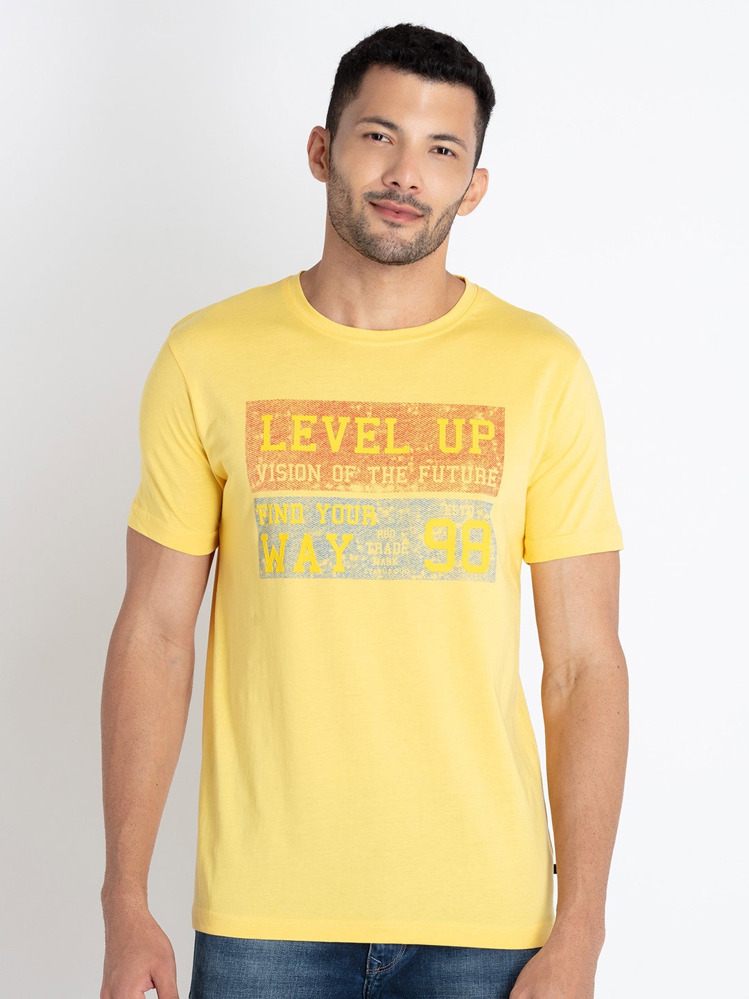 Status Quo Typography Printed Pure Cotton Round Neck T-shirt, Yellow