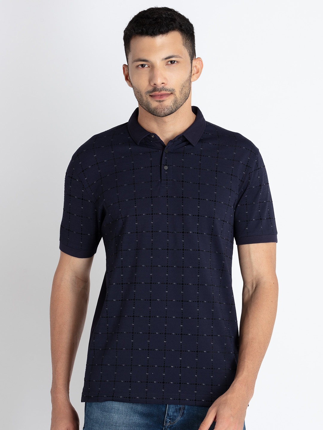 

Status Quo Checked Polo Collar T-shirt, Navy blue