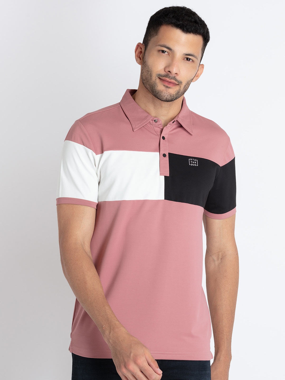 

Status Quo Colourblocked Polo Collar Pure Cotton T-shirt, Peach