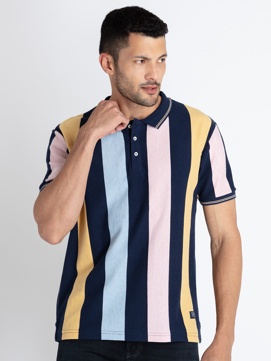 

Status Quo Vertical Striped Polo Collar T-shirt, Navy blue