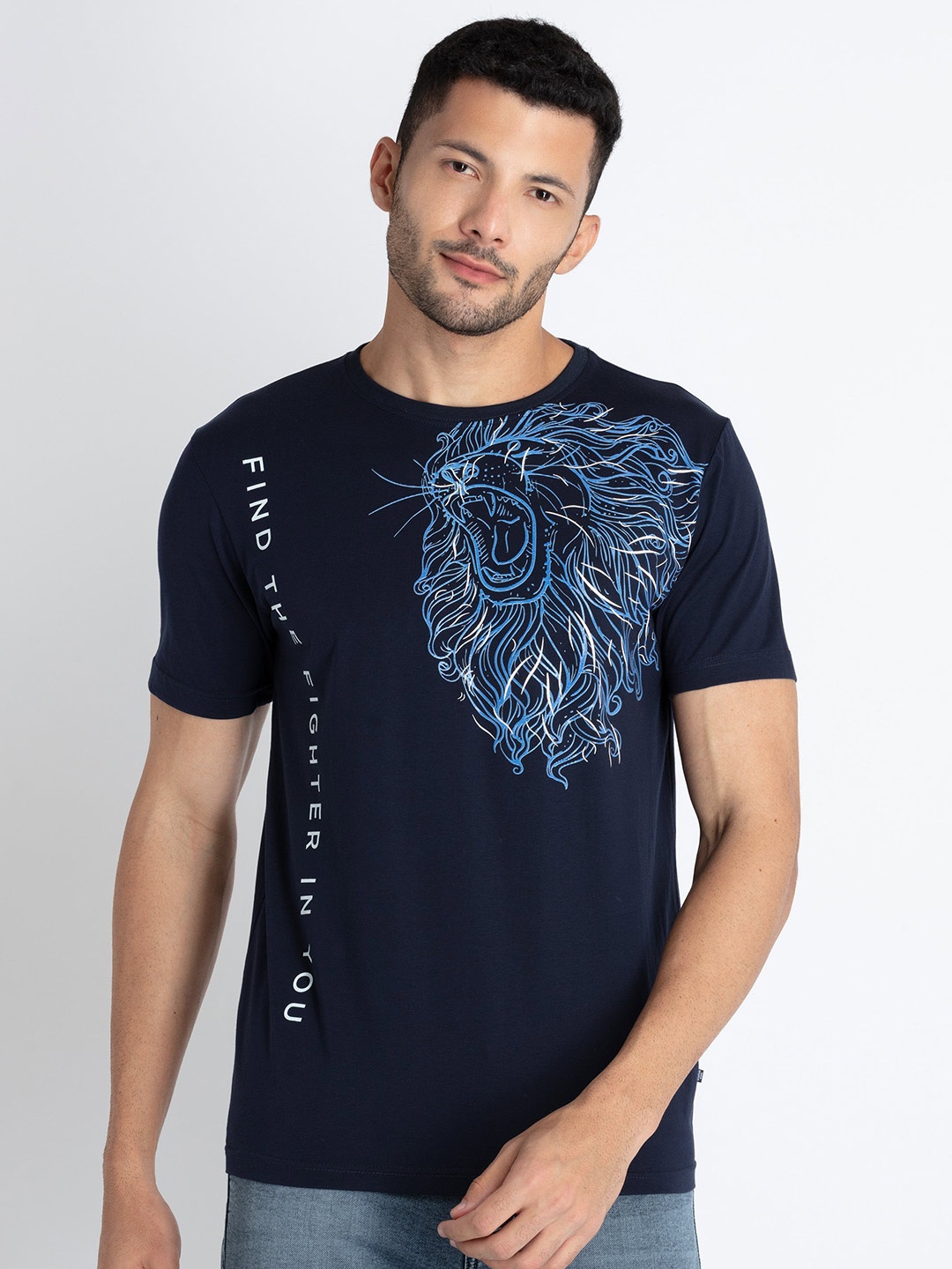 

Status Quo Graphic Printed Round Neck T-shirt, Navy blue