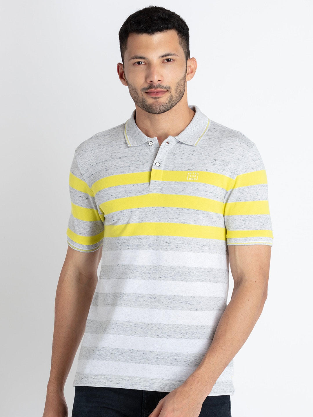 

Status Quo Striped Polo Collar T-shirt, Grey
