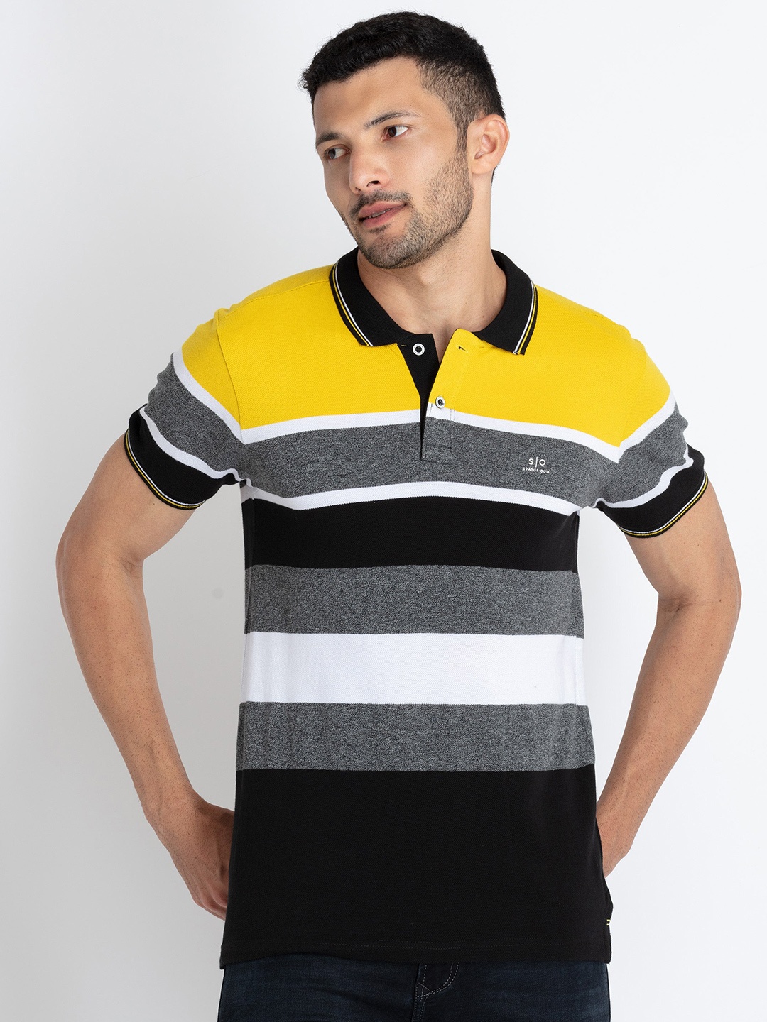 

Status Quo Striped Polo Collar T-shirt, Black