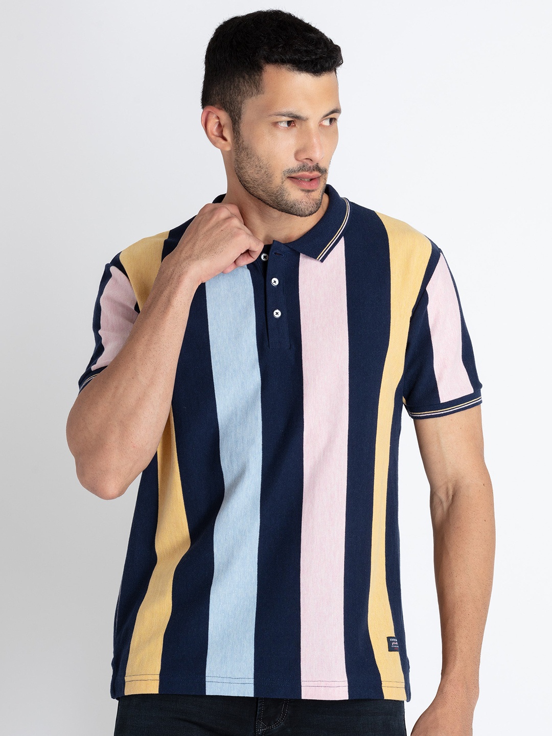 

Status Quo Striped Polo Collar T-shirt, Navy blue