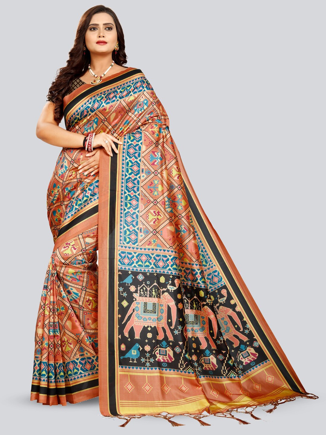 

Kaizen TEXO FAB Ethnic Motifs Printed Tussar Saree, Brown
