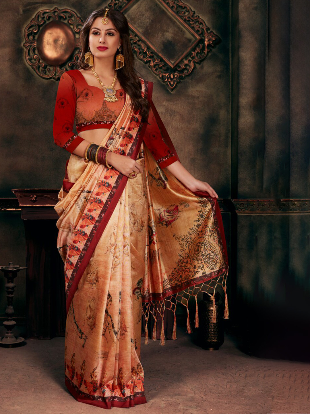 

Kaizen TEXO FAB Ethnic Motifs Printed Tussar Saree, Cream