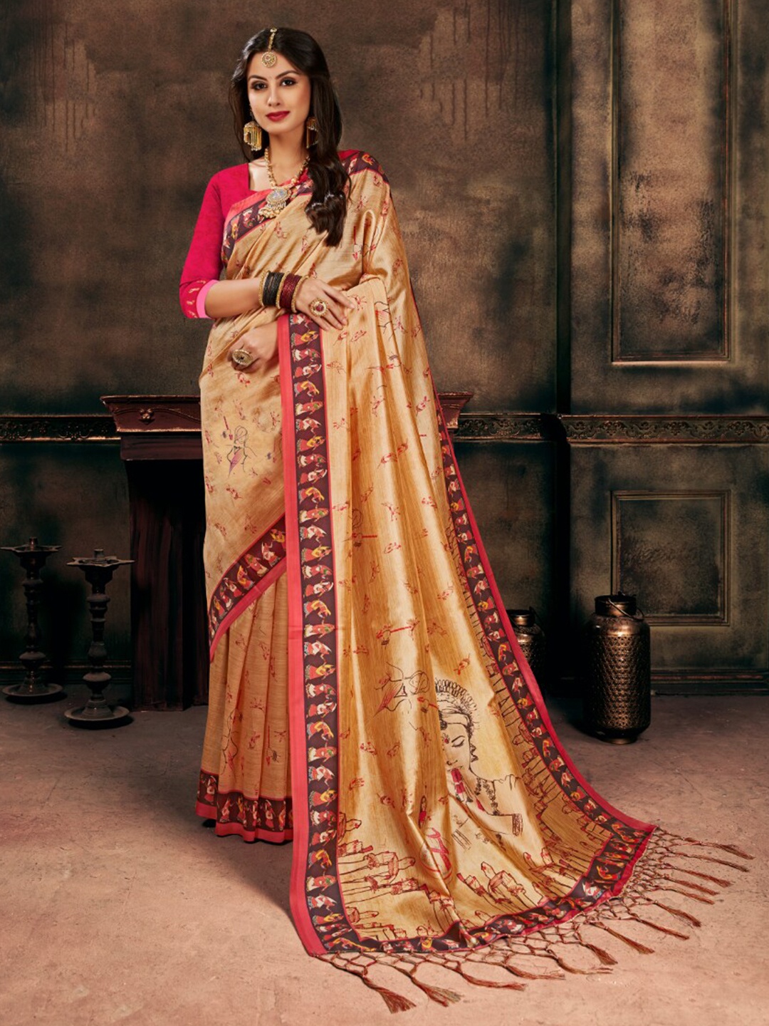 

Kaizen TEXO FAB Ethnic Motifs Printed Tussar Saree, Cream