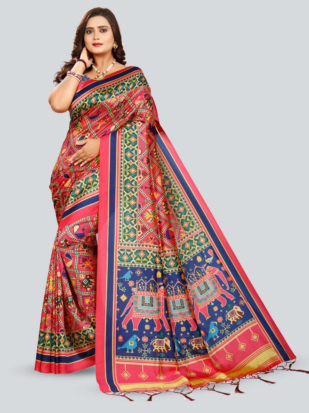 

Kaizen TEXO FAB Ethnic Motifs Printed Tussar Saree, Pink