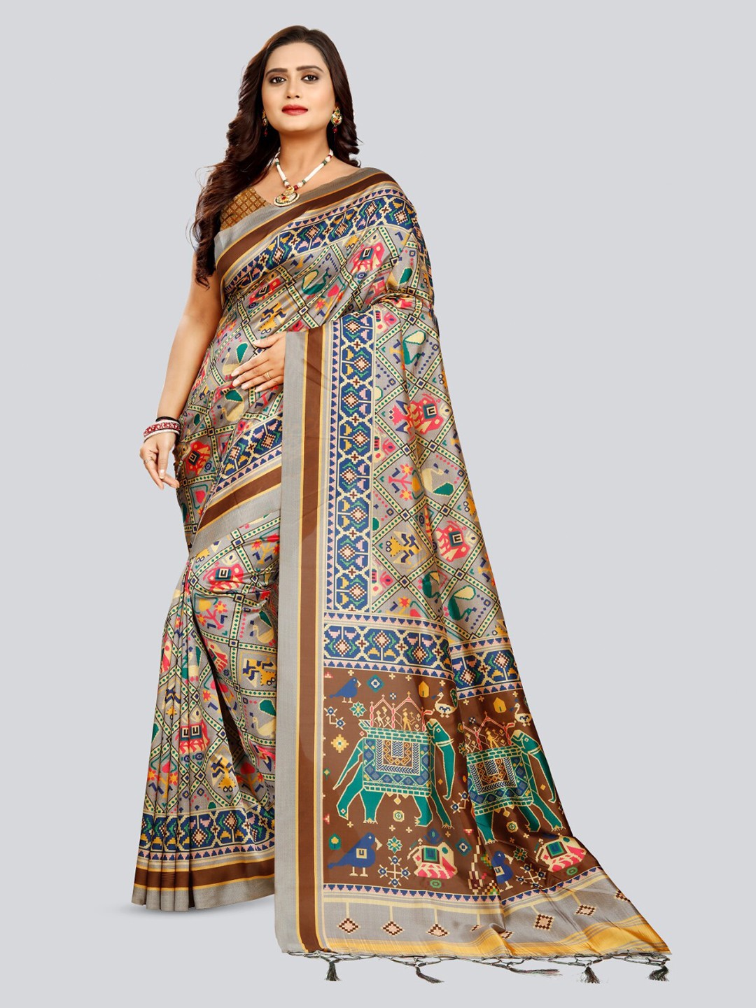 

Kaizen TEXO FAB Ethnic Motifs Printed Tussar Saree, Grey
