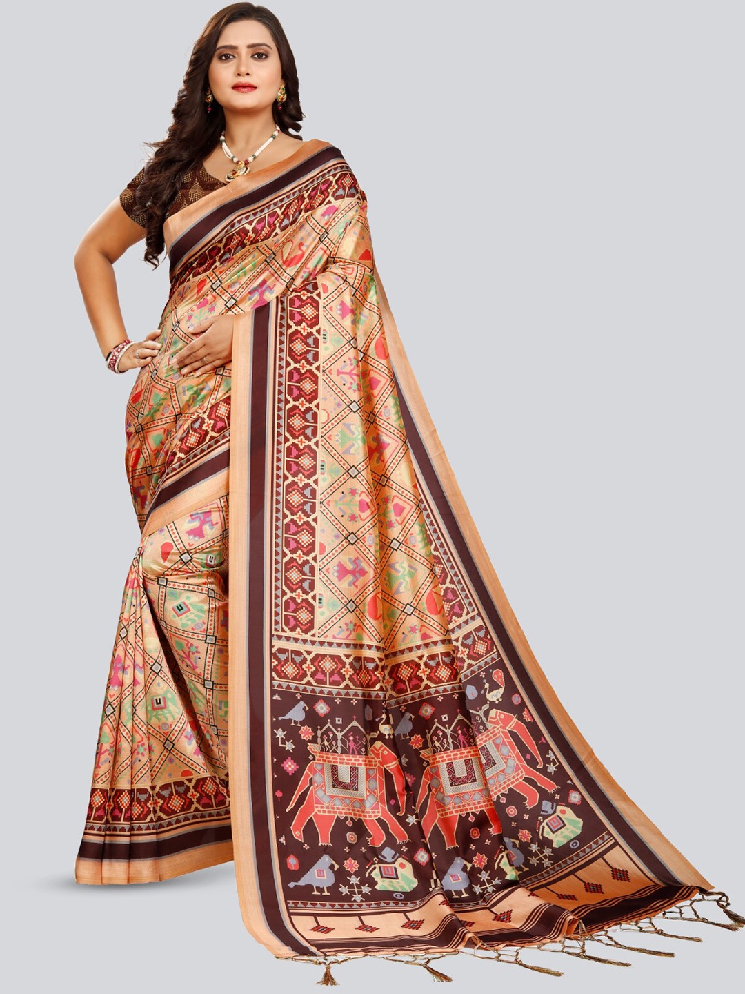 

Kaizen TEXO FAB Ethnic Motifs Printed Tussar Saree, Peach