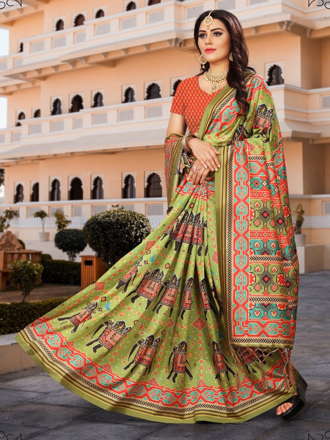 

Kaizen TEXO FAB Ethnic Motifs Printed Tussar Saree, Lime green