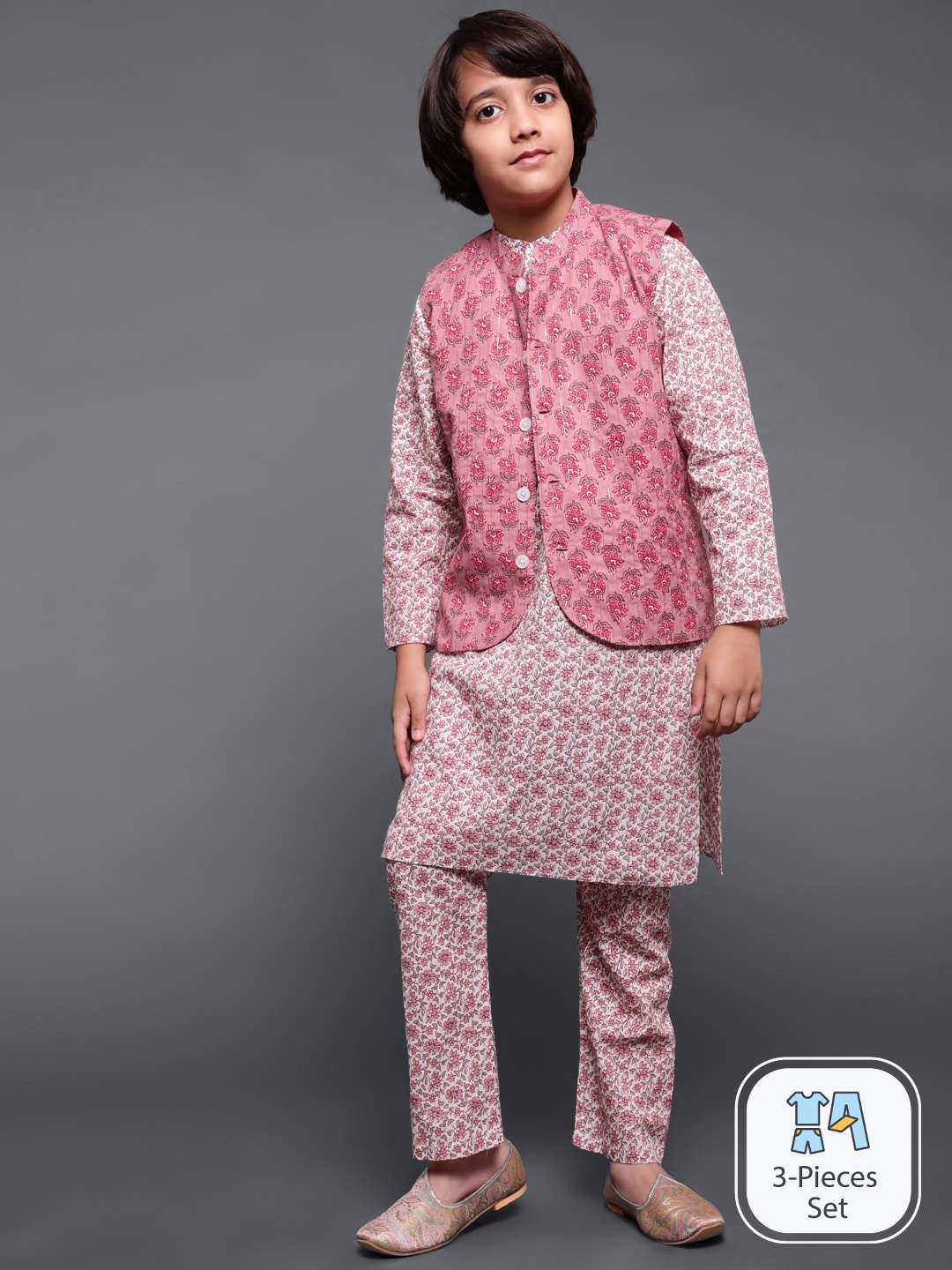 

Aks Kids Boys Floral Printed Regular Pure Cotton Kurta & Pyjama With Nehru Jacket, Mauve