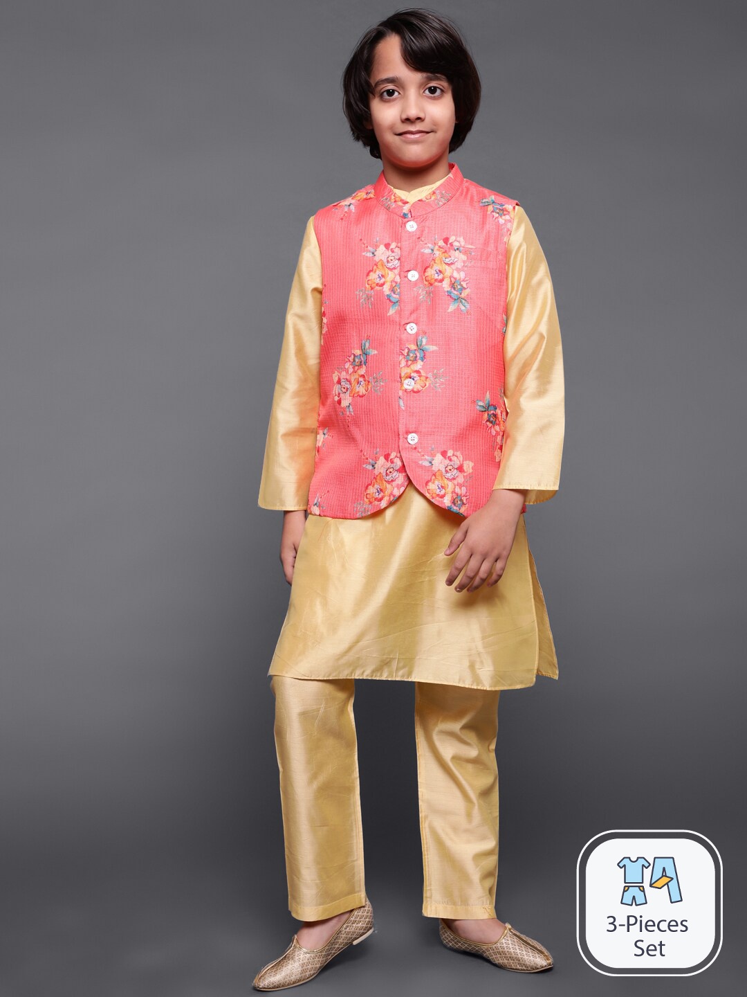 

Aks Kids Boys Regular Chanderi Silk Kurta & Pyjama With Floral Printed Nehru Jacket, Cream