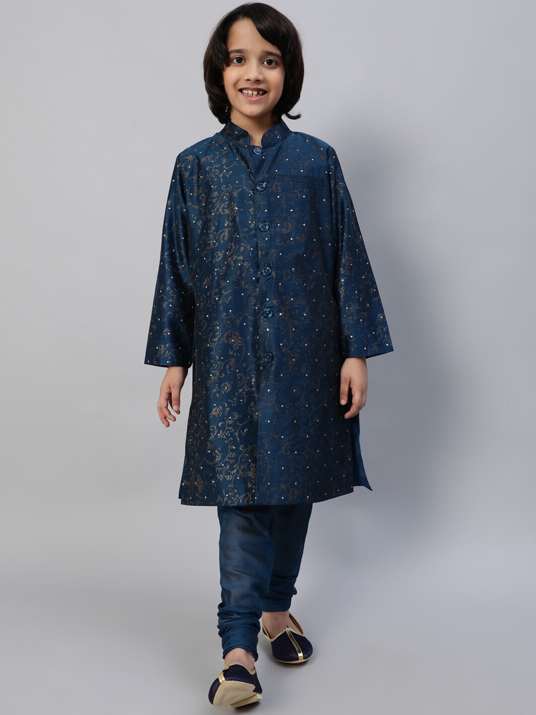 

Aks Kids Boys Floral Printed Straight Beads and Stones Kurta With Churidar, Blue