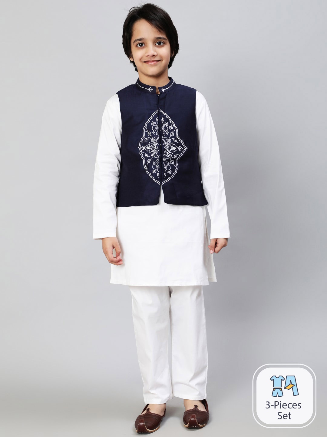 

Aks Kids Boys Round Neck Kurta With Pyjamas With Nehru Jacket, White