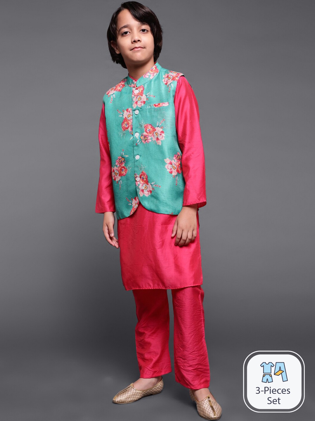 

Aks Kids Boys Regular Chanderi Silk Kurta & Pyjama With Floral Printed Nehru Jacket, Pink