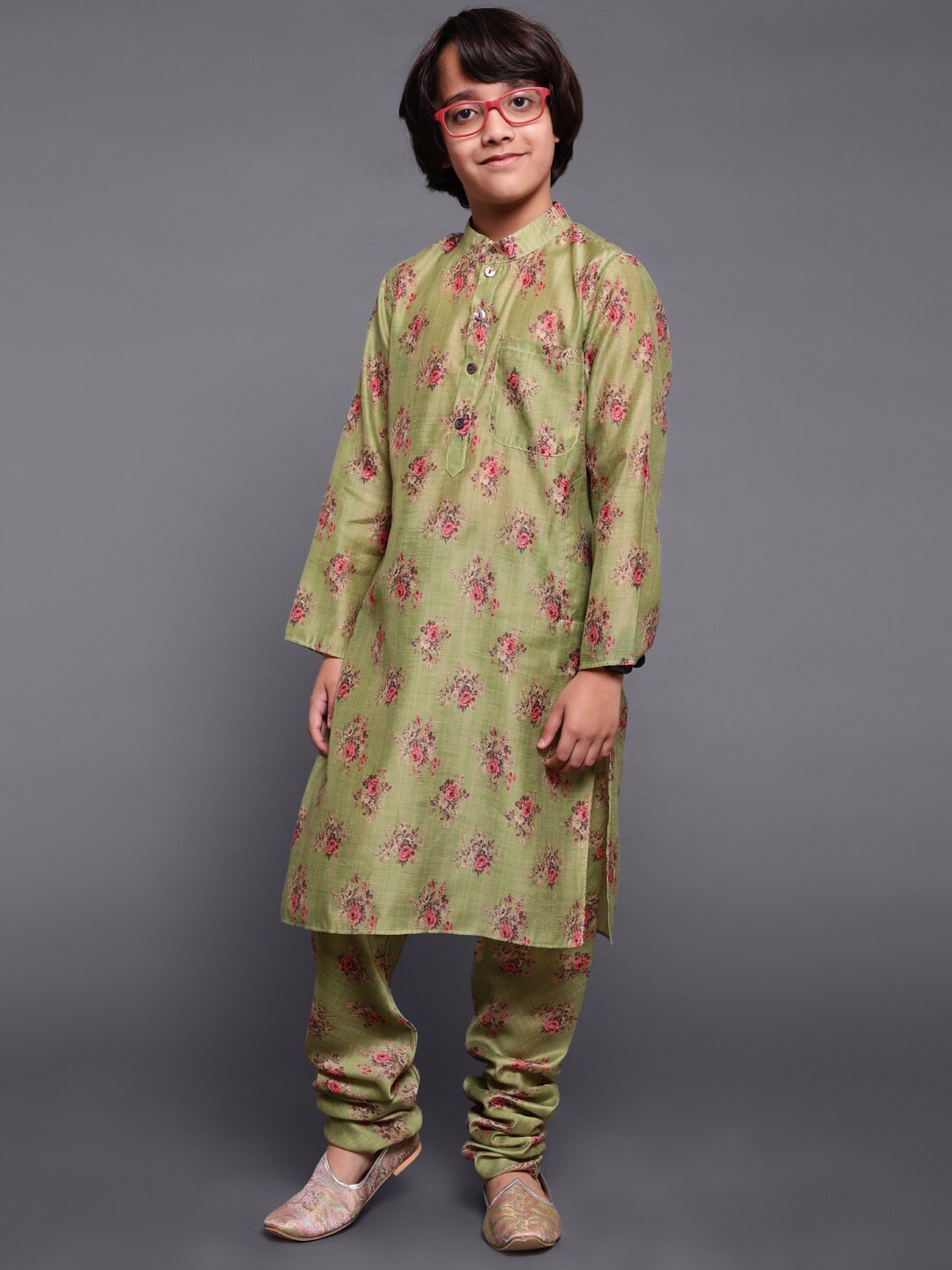 

Aks Kids Boys Floral Printed Regular Chanderi Silk Kurta With Churidar, Green