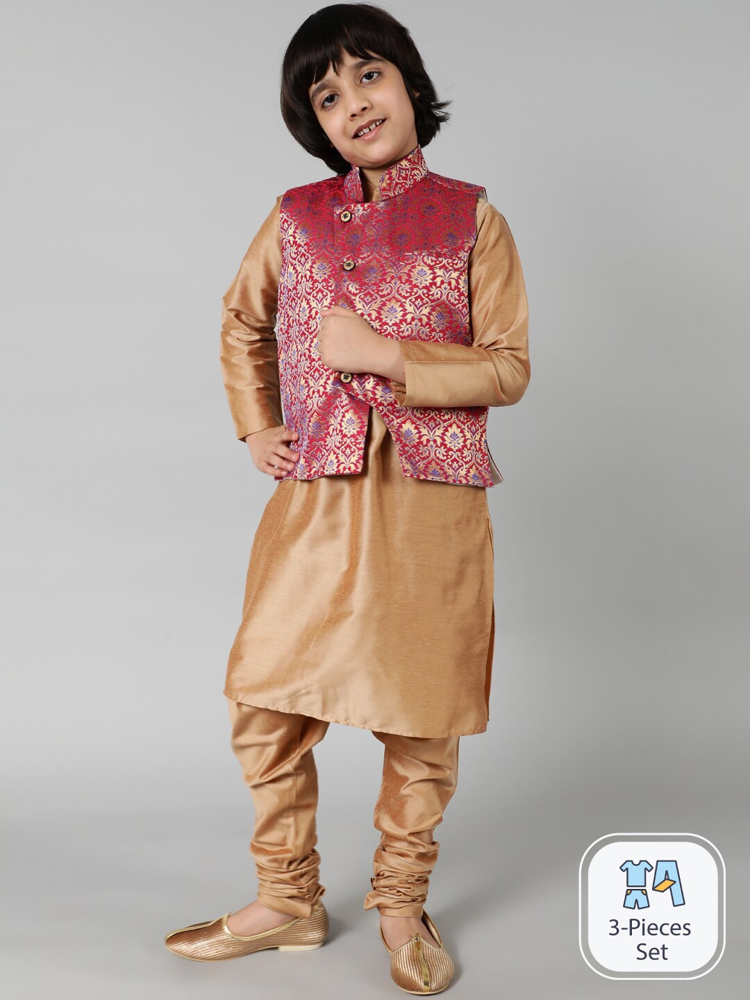 

Aks Kids Boys Mandarin Collar Straight Kurta With Churidar With Nehru Jacket, Red