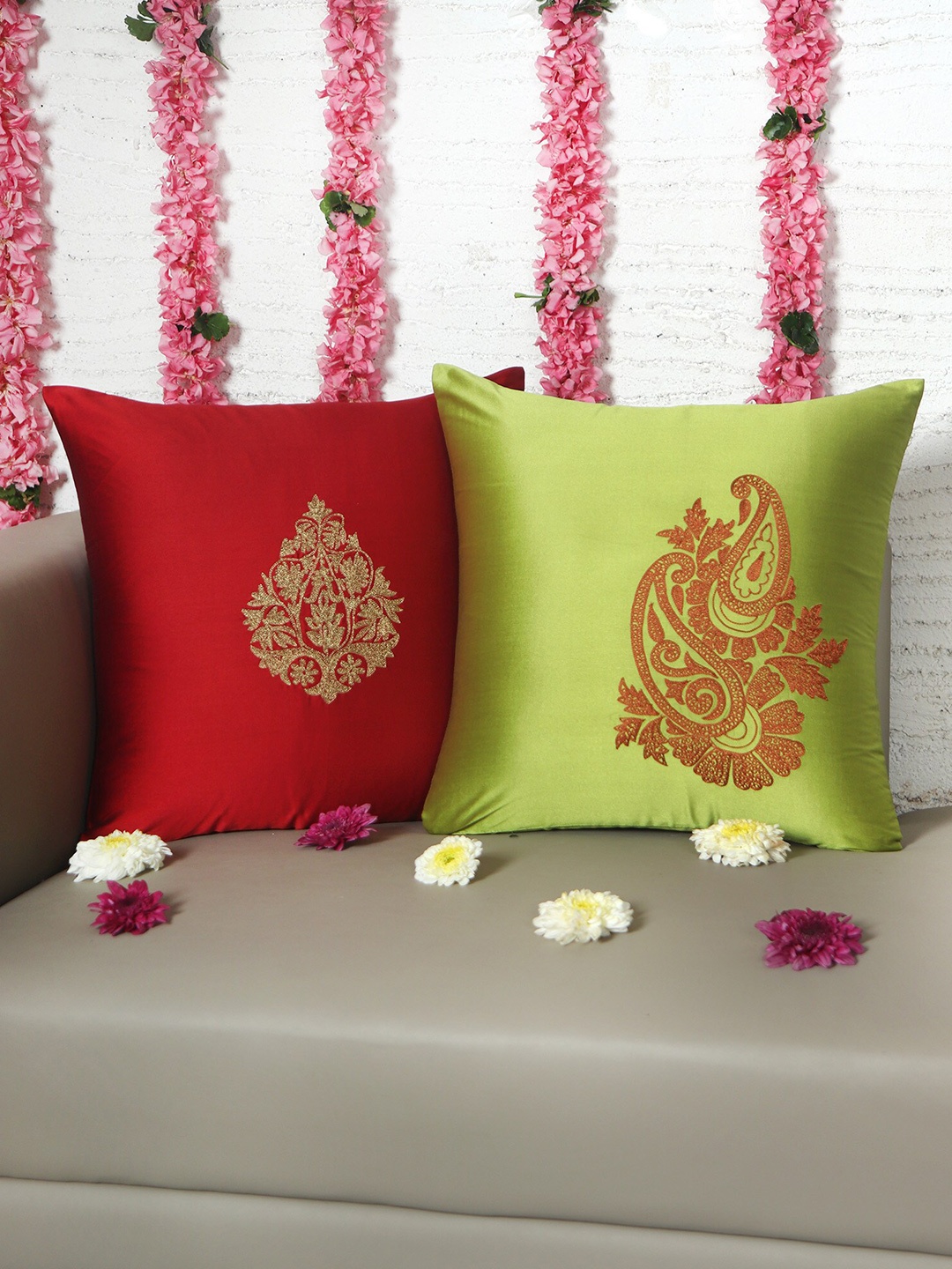 

ZEBA Green & Red 2 Pieces Ethnic Motifs Embroidered Square Cushion Covers
