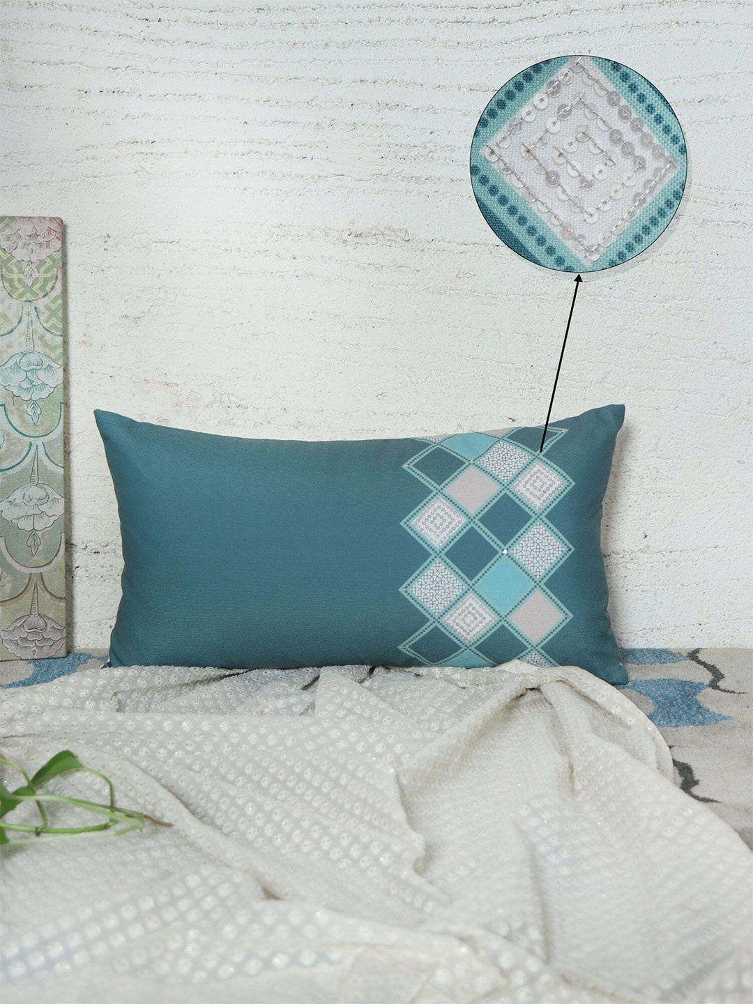 

ZEBA Teal & White Ethnic Motifs Rectangle Cushion Cover