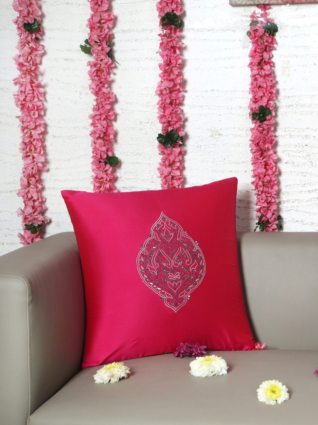 

ZEBA Pink Embroidered Square Cushion Cover