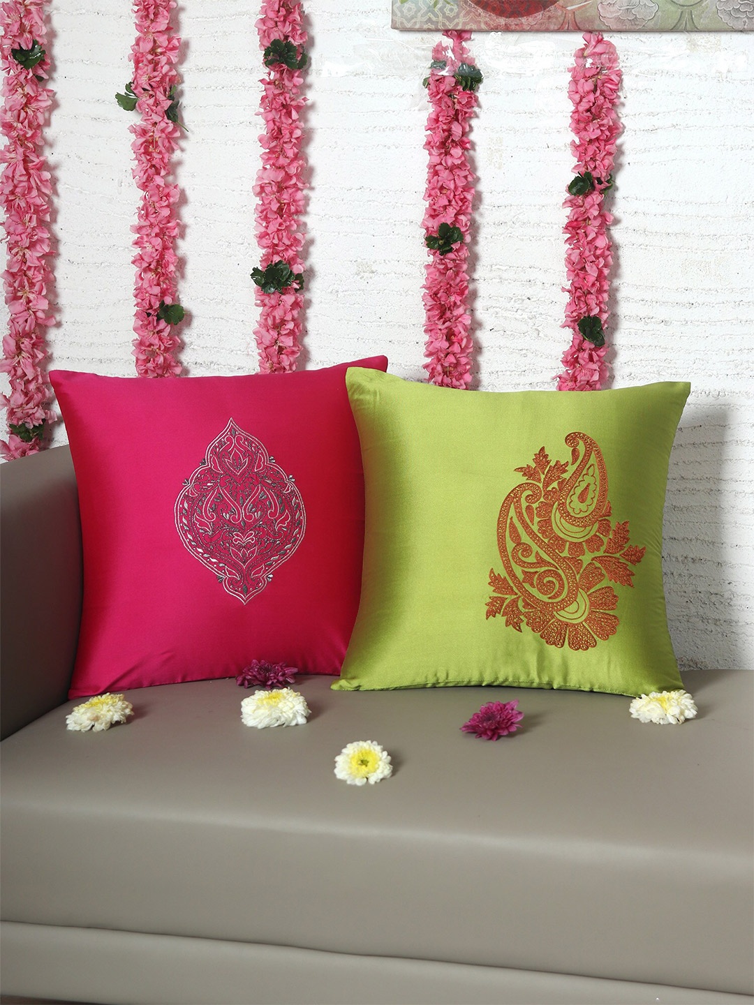 

ZEBA Green & Red 2 Pieces Embroidered Square Cushion Covers